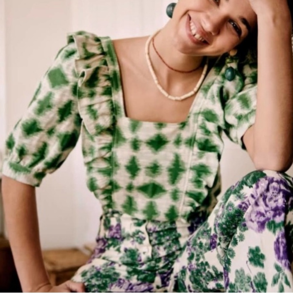 Sezane Ezecquiel Blouse Green Cream Print 34 / 2